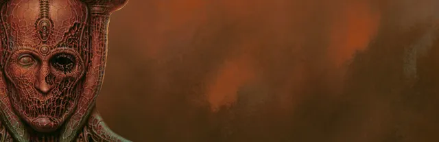 Scorn key art: a rust-red face of cracked, veined flesh with one empty eye socket, framed by tube-like growths