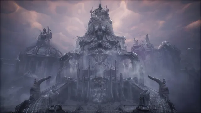 Scorn screenshot: a vast bone-like biomechanical palace with pipes and spires rising out of purple fog