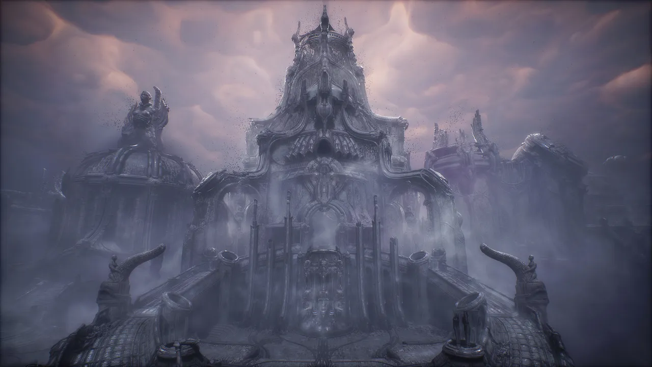 Scorn screenshot: a vast bone-like biomechanical palace with pipes and spires rising out of purple fog