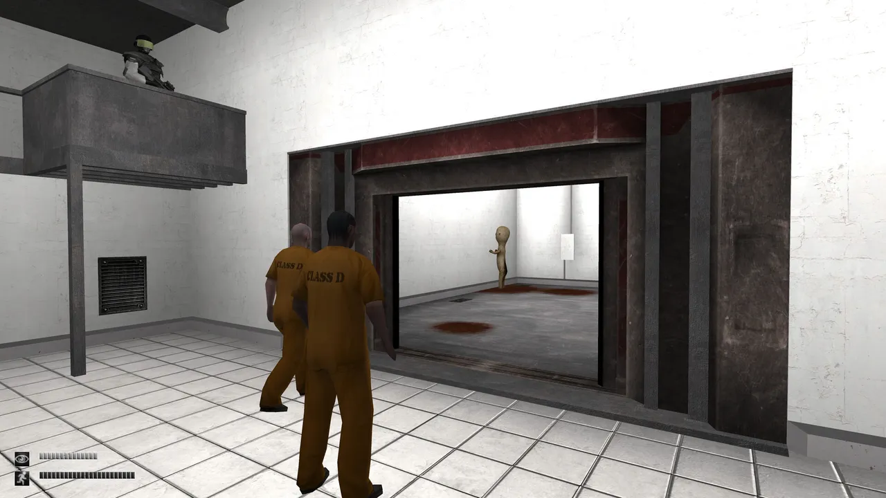 SCP – Containment Breach screenshot: two Class D prisoners in orange jumpsuits walk toward a chamber holding the statue SCP-173, a guard watching from above