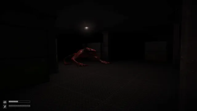 SCP – Containment Breach screenshot: a red, skinless crawling creature in a dark room under a single lamp