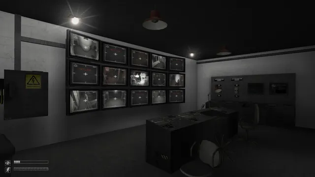 SCP – Containment Breach screenshot: a dim control room with a wall of security monitors and a desk of switches