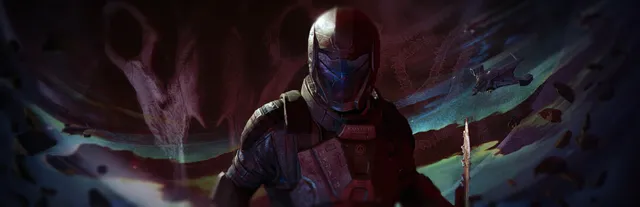 SCP: Fragmented Minds key art: an armoured figure in a red-visored helmet against swirling purple and red shapes
