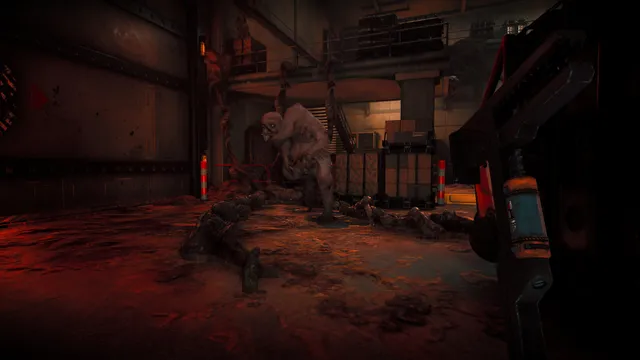 A pale, hulking creature standing over bodies in a red-lit, blood-smeared hall