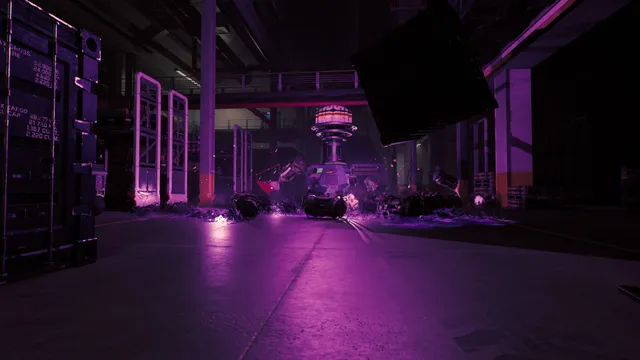 A purple-lit storage hall with broken robots on the floor around a glowing machine