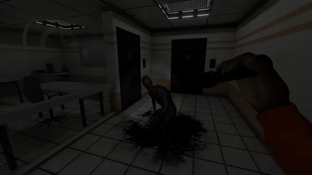A dark humanoid figure crouches in a black pool on a tiled facility floor as the player raises a hand