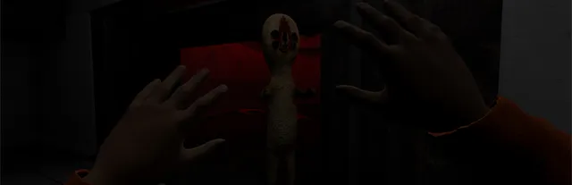 A player's raised hands in an orange jumpsuit before the sculpture-like creature SCP-173 in a dark doorway