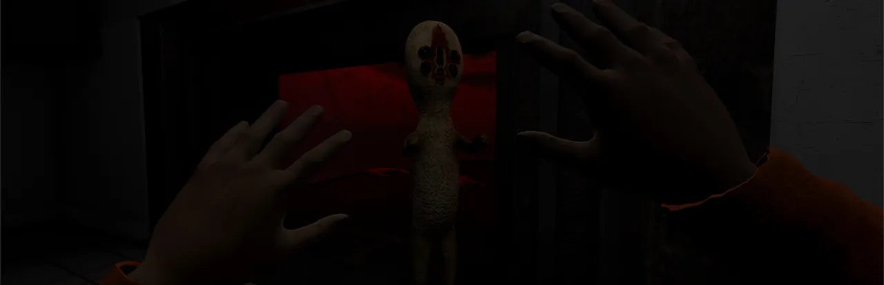 A player's raised hands in an orange jumpsuit before the sculpture-like creature SCP-173 in a dark doorway
