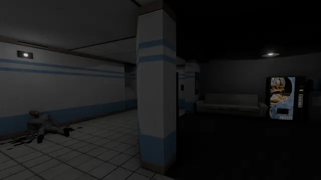 A body lies in blood in a dim facility corridor next to a lounge with a vending machine