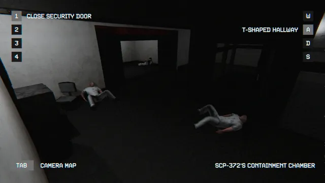 SCP: Observer: a camera view of SCP-372's chamber with bodies on the floor