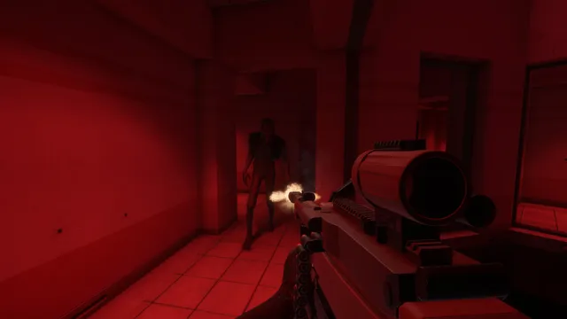 SCP: Secret Laboratory screenshot: a player fires a rifle at a pale, ragged humanoid creature walking toward them down a red-lit tiled corridor