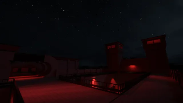SCP: Secret Laboratory screenshot: the facility's surface at night, red-lit walkways and two watchtowers under a starry sky