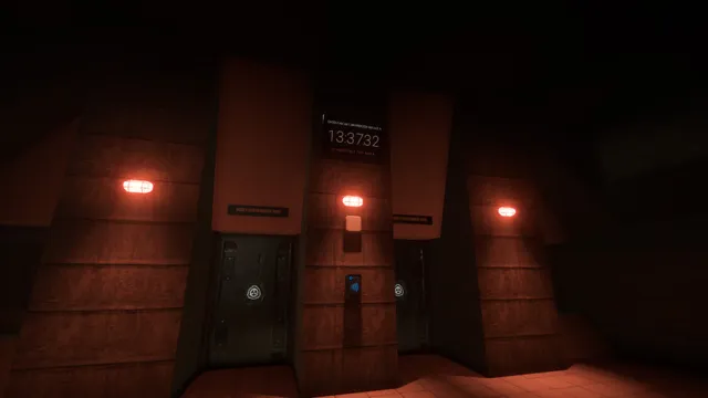 SCP: Secret Laboratory screenshot: two heavy containment doors with the SCP logo and a keycard reader under red lamps and a digital clock
