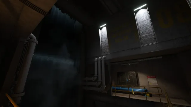 SCP: Secret Laboratory screenshot: a tall dark concrete chamber with white pipes, a yellow railing and a caution sign, lit by two strip lights