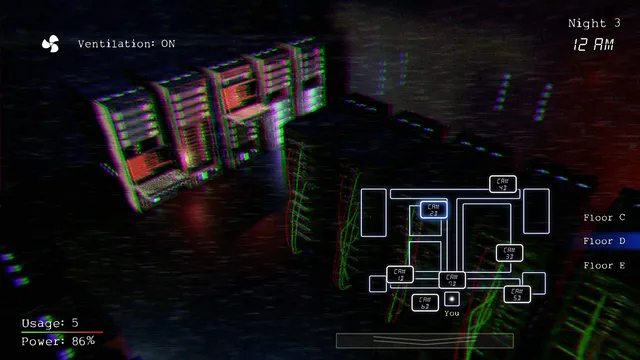 SCP: The Endurance screenshot: a camera on a dark server room with the multi-floor camera map, ventilation on and power at 86 percent