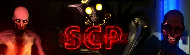 SCP: The Endurance banner: pale, grinning SCP creatures and a beaked plague-doctor figure around the title in red neon