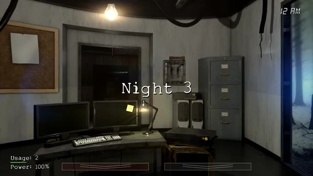 SCP: The Endurance screenshot: the facility office at 12 AM on night 3, with monitors, filing cabinets and a lamp