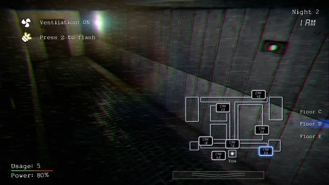 SCP: The Endurance screenshot: a camera on a long concrete corridor at 1 AM, with the prompt Press Z to flash