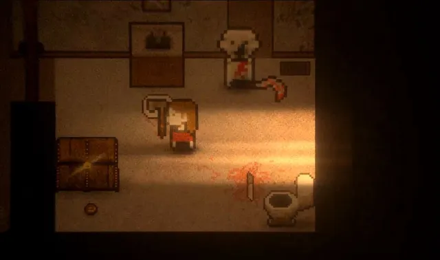 Pixel-art Claire in a bloodstained bathroom while a pale killer with a bloody sickle stands near the wall