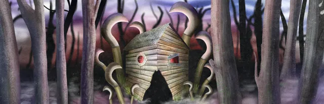 Painted art of a crooked wooden house with a red eye-like window, surrounded by curling growths in a pale forest