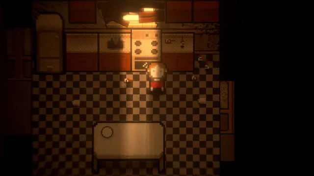 Claire stands in a dim checkered-floor kitchen under a single light
