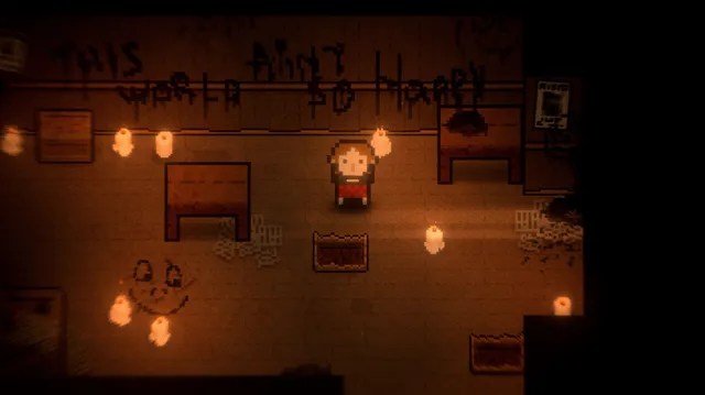 Claire in a candlelit room with smiley faces drawn on the floor and words scrawled on the wall