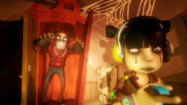 Secret Neighbor screenshot: the Neighbor bursts out of a wardrobe behind a pale girl wearing headphones
