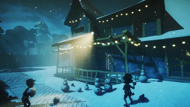 Secret Neighbor screenshot: kids in a snowy yard in front of the Neighbor's house lit by string lights