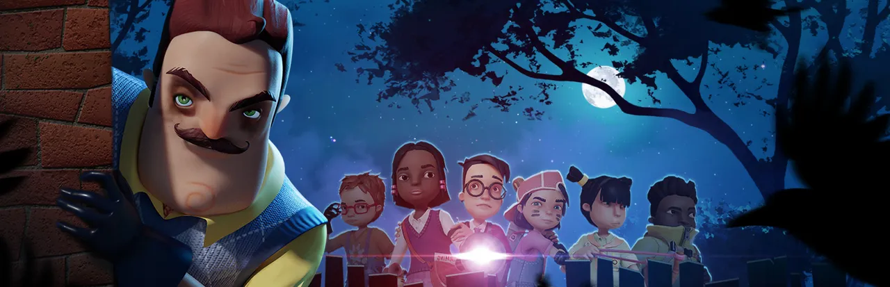 Secret Neighbor key art: the moustached Neighbor peers in from the left as a group of kids huddles in a dark garden at night