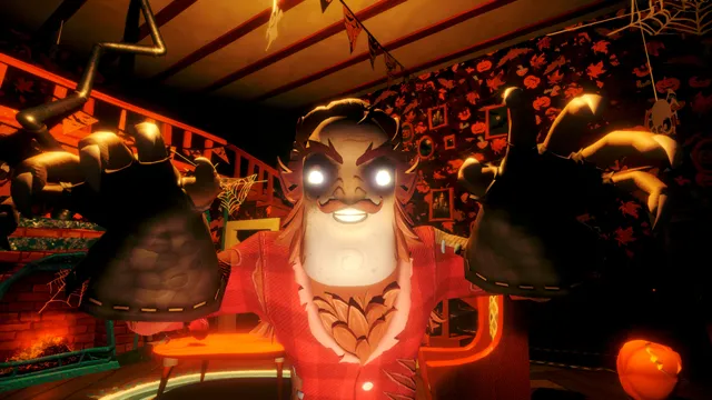 Secret Neighbor screenshot: the Neighbor with glowing eyes and long clawed hands looms in a red-lit room