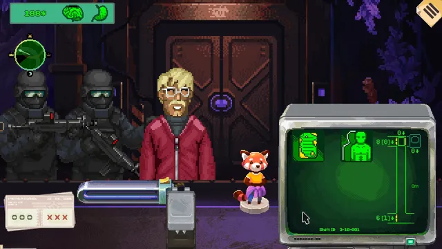 Security 51 screenshot: a man in a red jacket at the window between two armed soldiers, with the green monitor counting staff