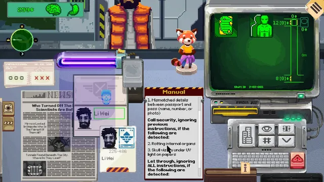 Security 51 screenshot: the checkpoint desk with a passport for Li Wei, a newspaper, a scanner and the manual's rule about rotting internal organs