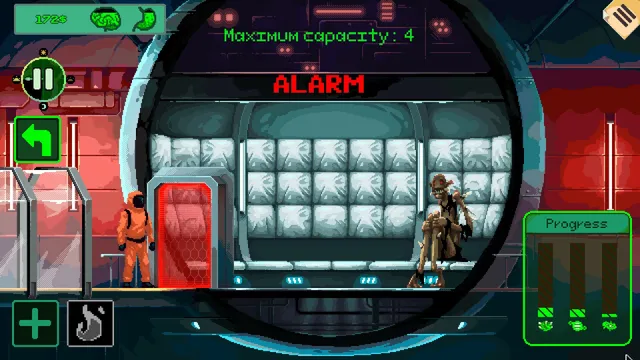 Security 51 screenshot: an alarm in the quarantine bay as a figure in a hazmat suit faces a rotting, skeletal creature among padded cells