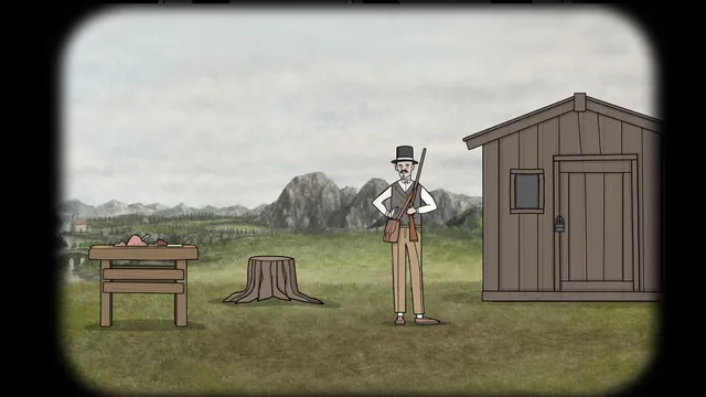 Servant of the Lake screenshot: a man with a rifle by a wooden shed and a table of meat, in a grey landscape with mountains