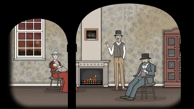 Servant of the Lake screenshot: two rooms of the house, an old woman knitting by a window and two men in top hats by a fireplace
