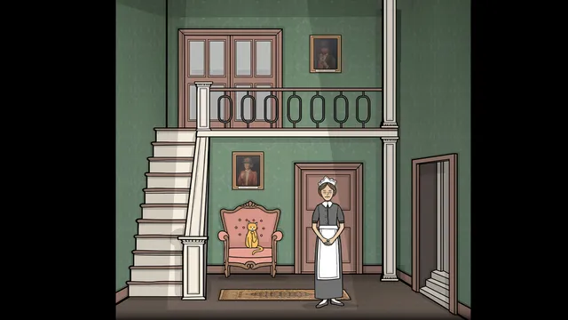 Servant of the Lake screenshot: a maid in apron and cap stands in the green hallway of the Vanderboom house, beside a staircase, portraits and a cat on a pink armchair
