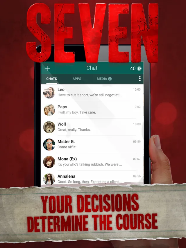 Seven store art: the game's messenger chat list with contacts Leo, Paps, Wolf, Mister G., Mona (Ex) and Annalena