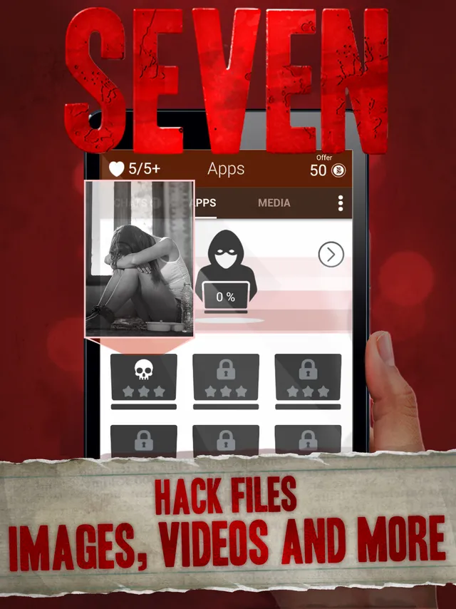 Seven store art: the hacking screen with locked files and a hooded hacker icon beside a photo of a crouching woman