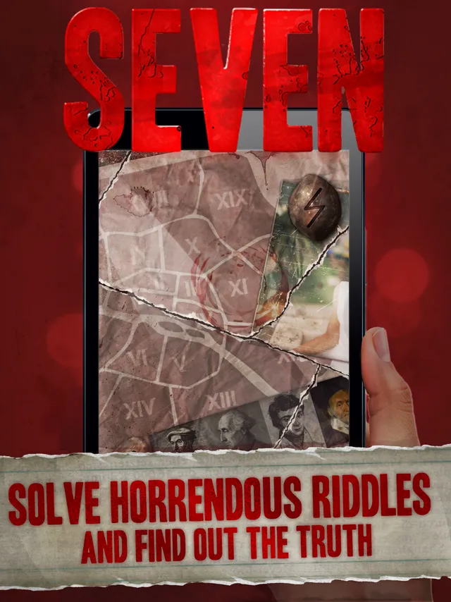 Seven store art: a bloodstained city map with Roman numerals and rune stones, a riddle from the game