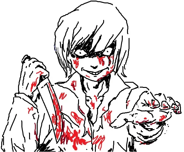 Seven Mysteries sketch: a smiling student covered in blood holding out a knife