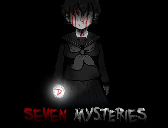 Seven Mysteries title art: a schoolgirl with blood running from her eyes holding a glowing ball in the dark