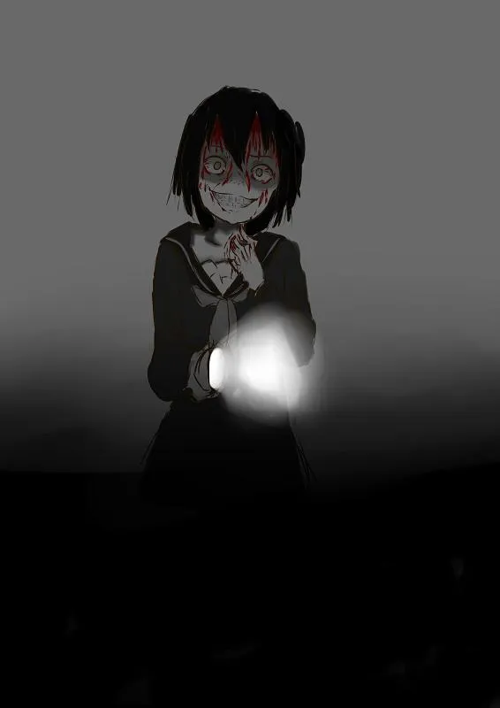 Seven Mysteries art: a grinning, bloodied schoolgirl holding a torch in grey darkness