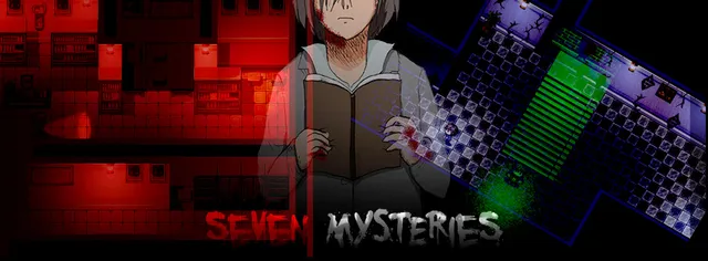 Seven Mysteries banner: a pale student with a bloodied hand holding a book between a red-lit and a blue-lit top-down school map