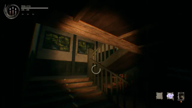 A dim wooden stairwell in an old school building, lit by the player's light