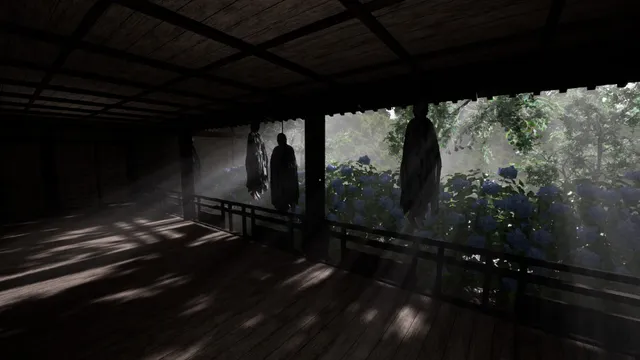 Dark cloaked shapes hang from the eaves of a wooden veranda in front of blue hydrangeas