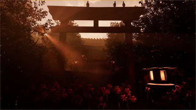 A torii gate against a dusky sky over a path lined with red spider lilies and a stone lantern