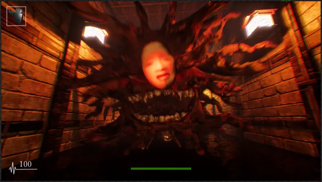A monstrous creature with a pale human face over a mouth of teeth fills a lantern-lit corridor