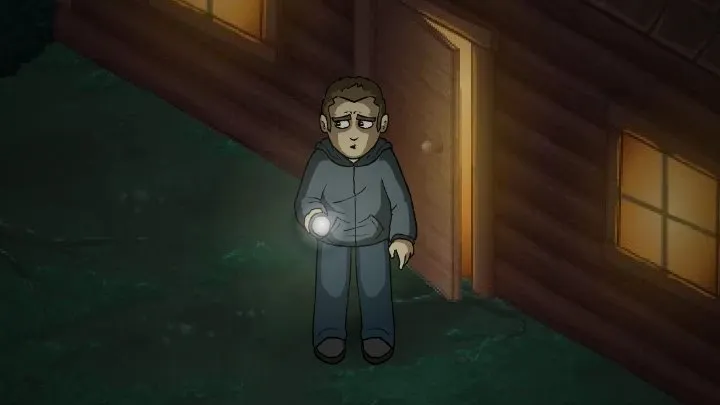 Shadow Tag: a worried cartoon man in a grey hoodie holds a flashlight beside a lit log cabin at night