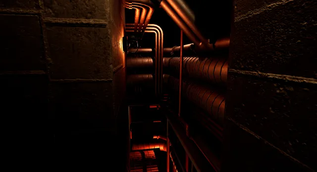 Shattered Lights: a tight concrete passage with copper pipes glowing red below