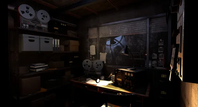 Shattered Lights: a dim office with reel-to-reel tape recorders, file boxes and a desk lamp, deep underground